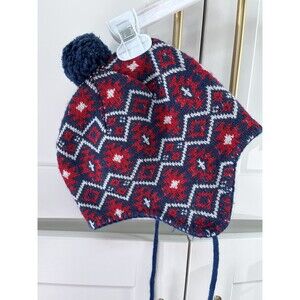 Polarn O Pyret Wind Fleece Winter Hat Red Blue Sweden 9mths-2 yrs Wool